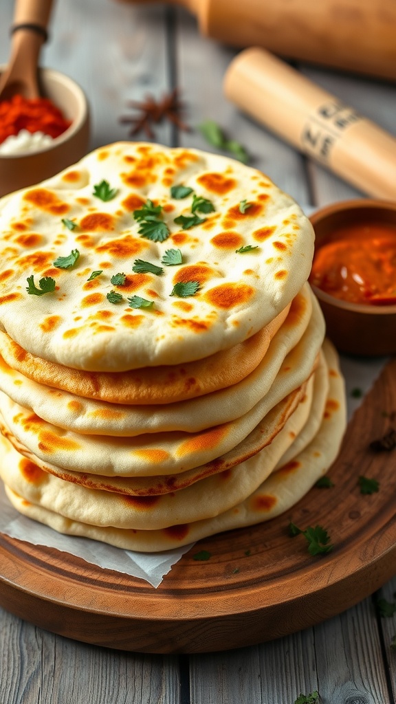 Fluffy yogurt naan stacked on a platter with cilantro garnish, alongside a bowl of curry.